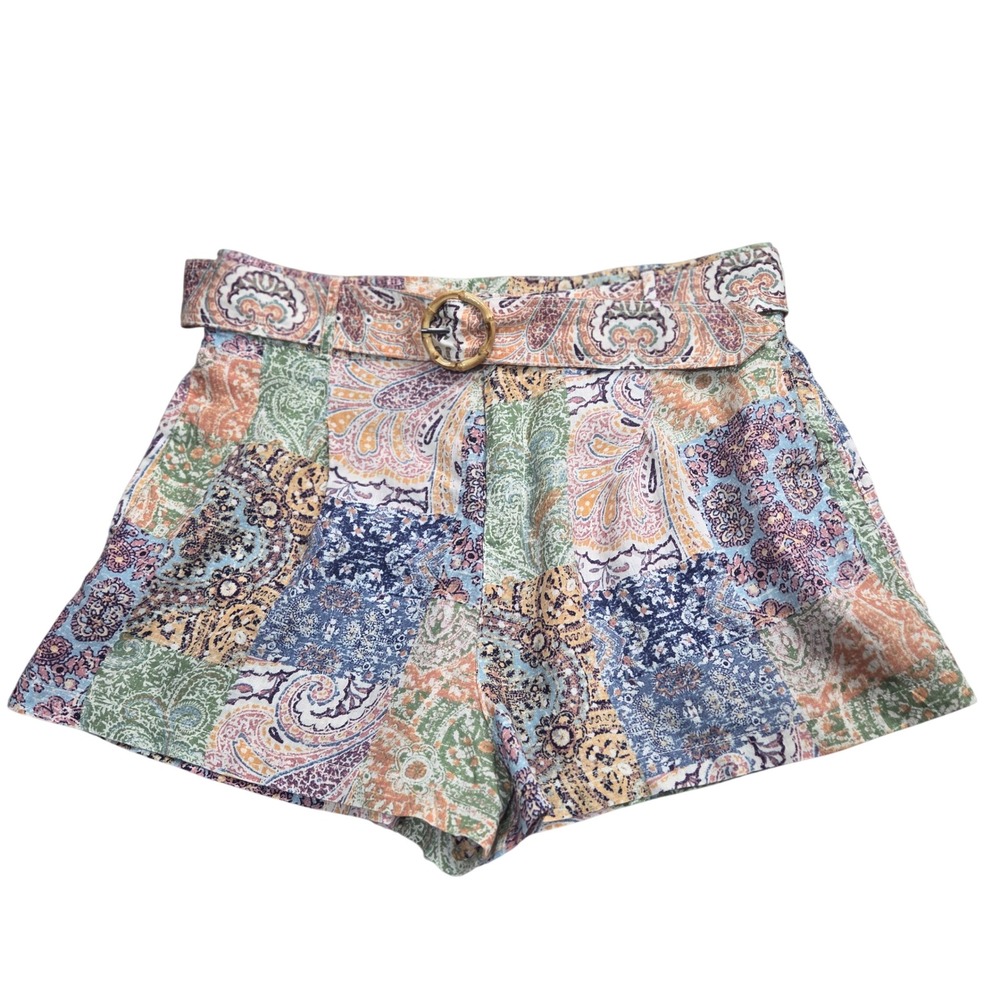Rachel Zoe‎ Women XL 100% Linen Patchwork Paisley Belted Shorts Multicolor Boho